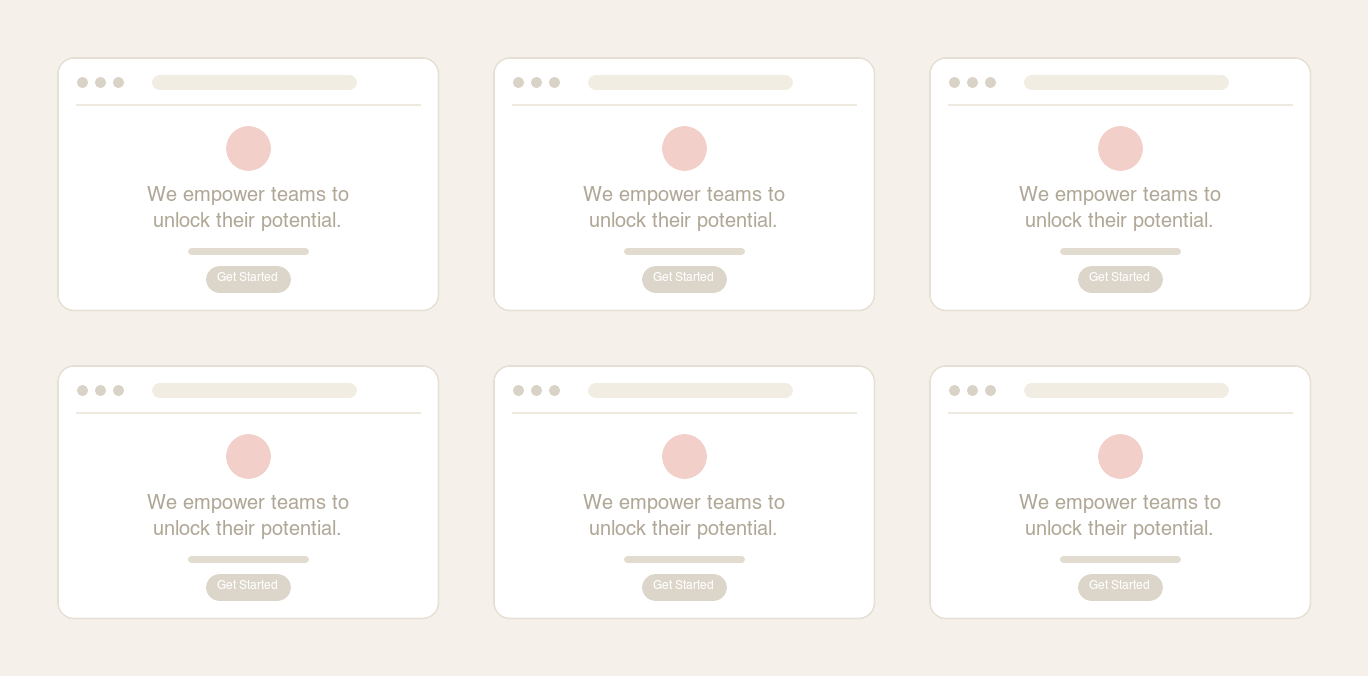 Six different company homepages side by side, every one showing the identical headline 'We empower teams to unlock their potential'
